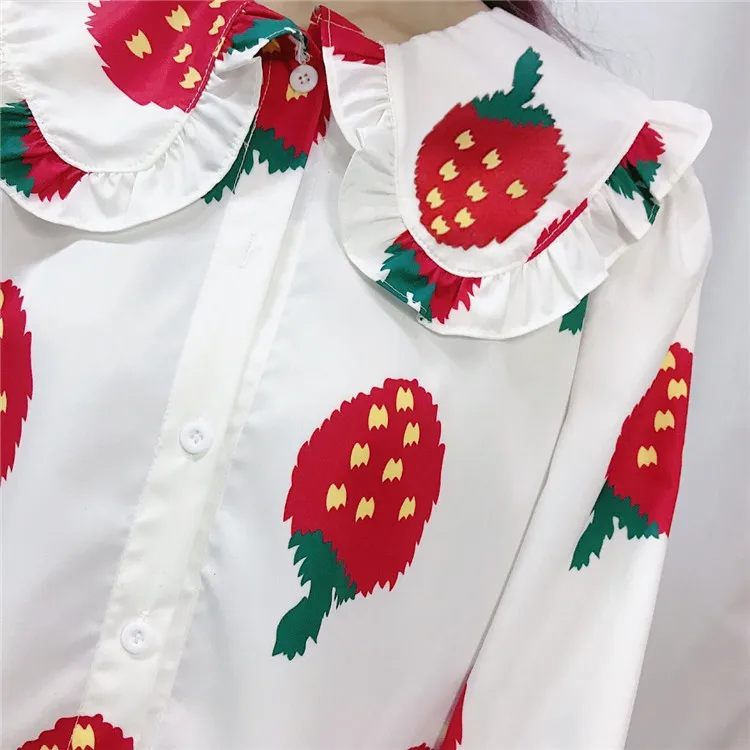 Милая женская блузка с клубничным принтом милая Свободная рубашка воротником