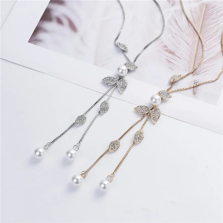 Многослойная подвеска с жемчужными кристаллами в виде листьев и цветов длинная