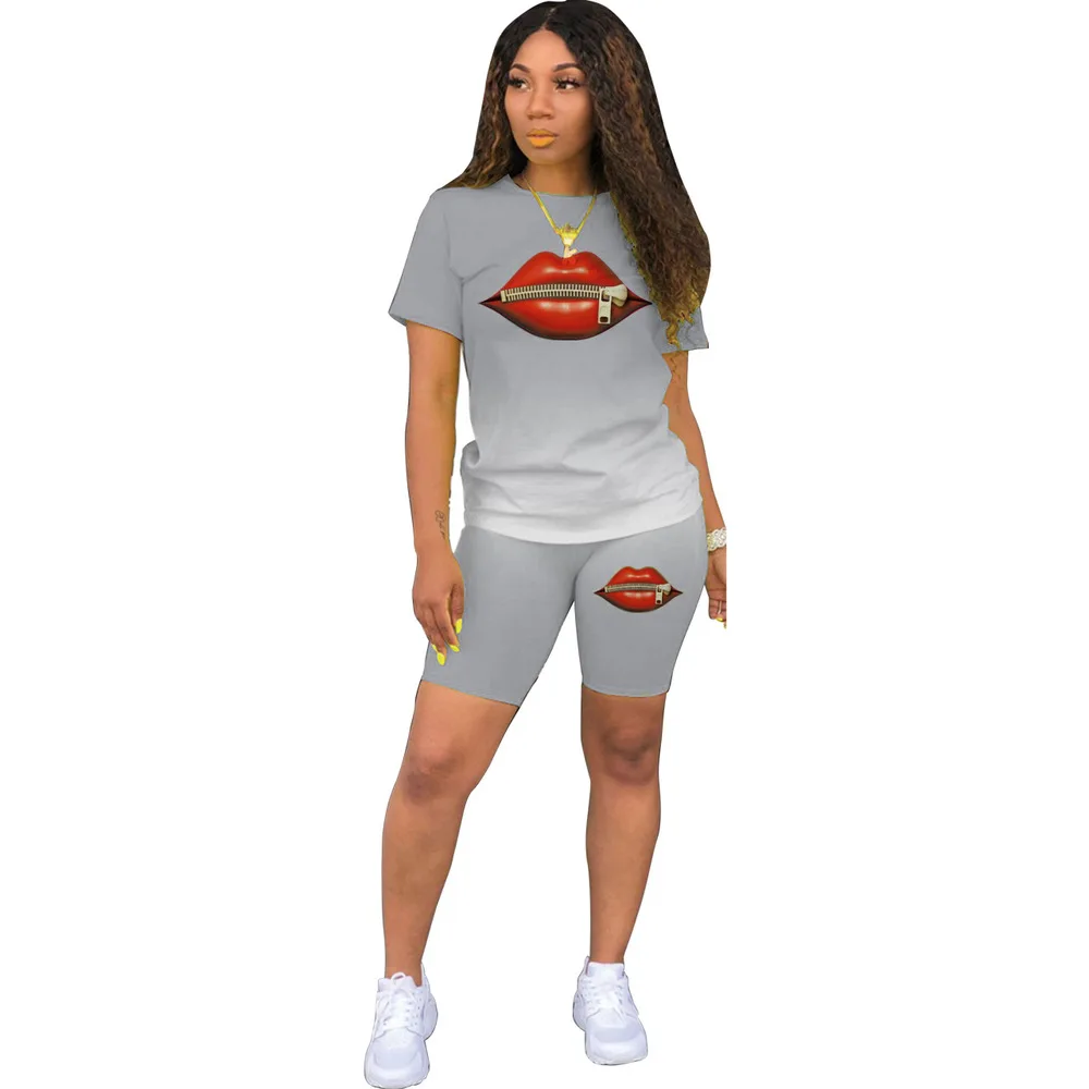 

Gradient Mouth Lip Print 2 Piece Set Women Tracksuit Short Sleeve Slim Fit T Shirt Top Fitness Biker Short Sweatsuit Club Outfit