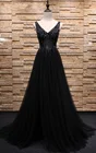 Очаровательные черные платья для выпускного вечера с V-образным вырезом, вечерние платья из фатина с разрезом сбоку, женские платья для торжественных мероприятий