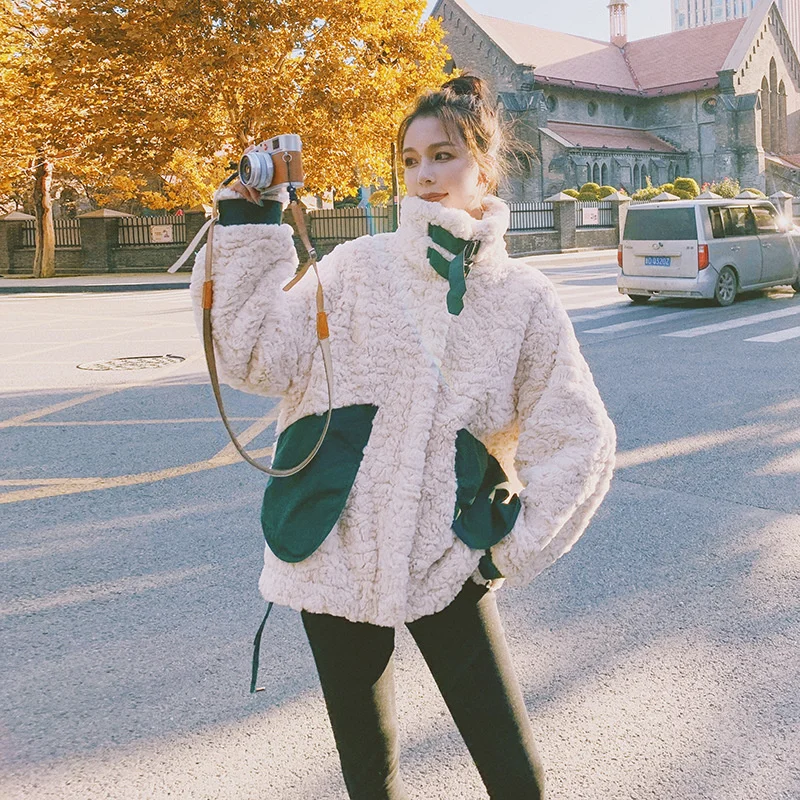 

Women's Winter Jacket Contrast Color Stitching Lamb Hair Korean New Loose Thick Long-sleeved Stand-up Collar Quality Plush Coat