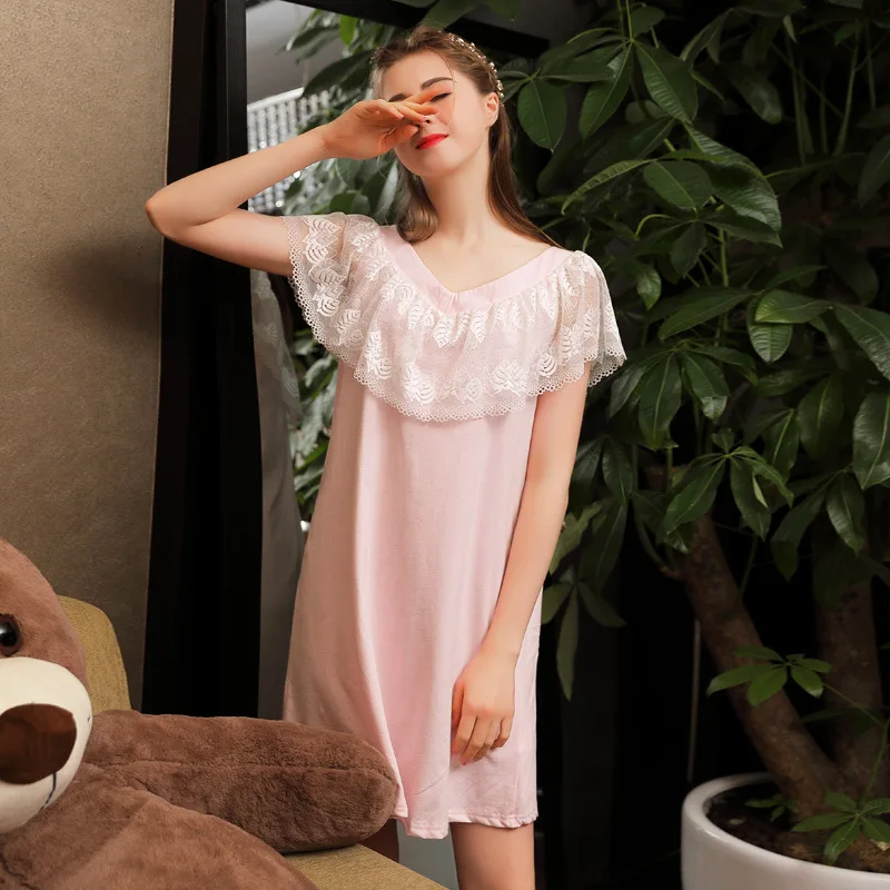 

Wasteheart Women Homewear Female Cotton Pink Sexy Sleepwear Nightdress Lace Nightwear Nightgown Sleepwear Luxury Gown