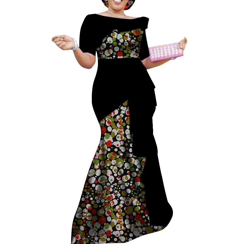 African Short Sleeves Print Floral for Women Lotus leaf Maxi Kaftan Prom Bazin Riche Clothing | Тематическая одежда и