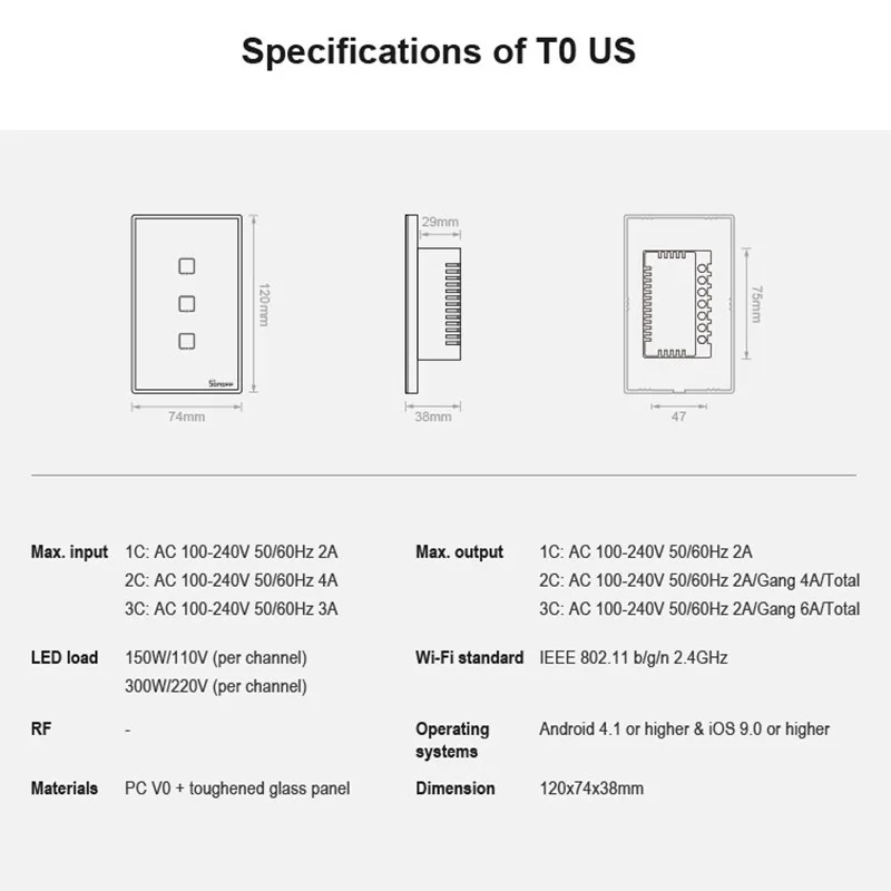 Умный настенный выключатель SONOFF T0US TX Wi-Fi 1/2/3 клавиш Голосовое