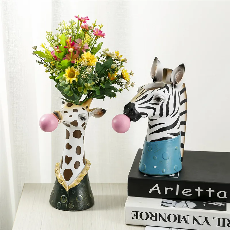 BAO GUANG TA Resin Animal Head Vase Flower Pot Bubble Gum Room Decoration Simulation Zebra Panda Deer Creative Crafts Decor