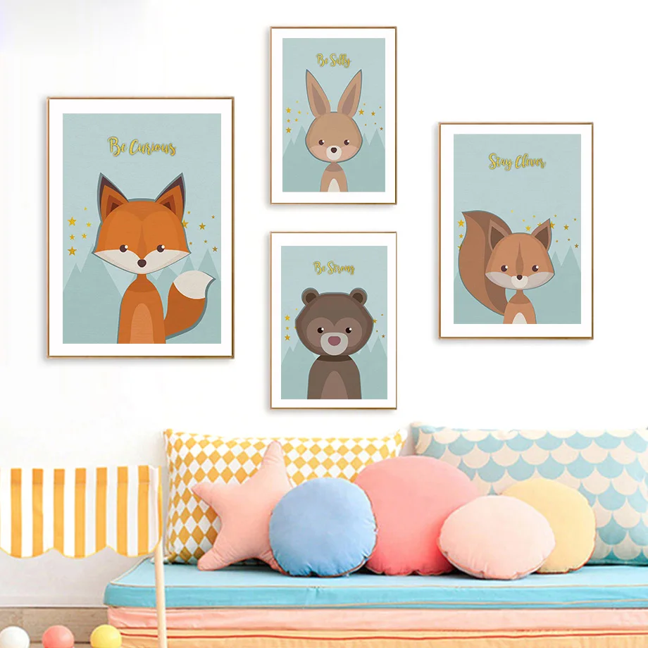

Fox Rabbit Deer Raccoon Bear Squirrel Cartoon Wall Art Canvas Painting Nordic Posters And Prints Wall Pictures Kids Room Decor