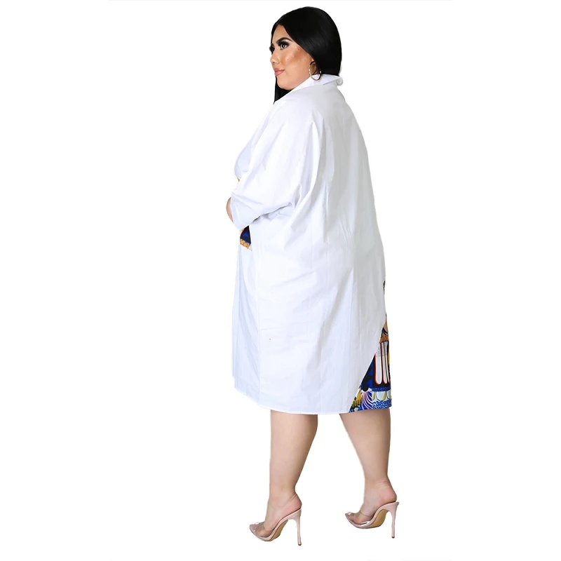 

2021 Women's Plus Size Clothing Stitching Color Lapel V-neck Knee-Length Large Size Shirt Dress
