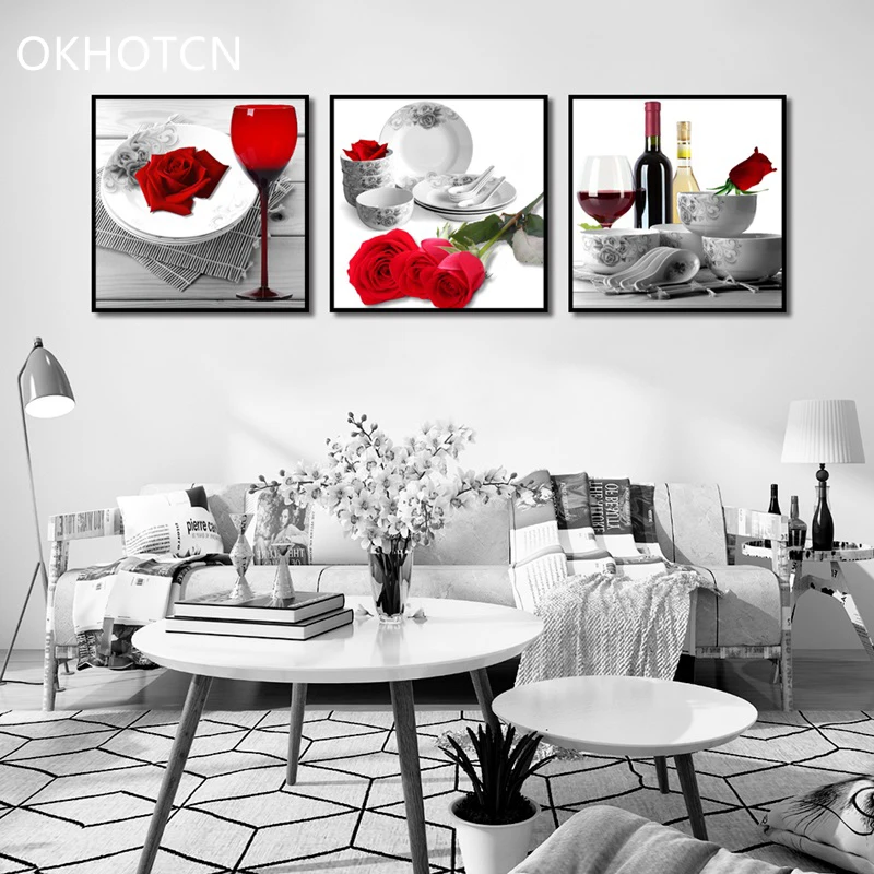 Classic Red Flower Wine Prints Home Decor Nordic Canvas Painting Wall Art Picture Living Room |