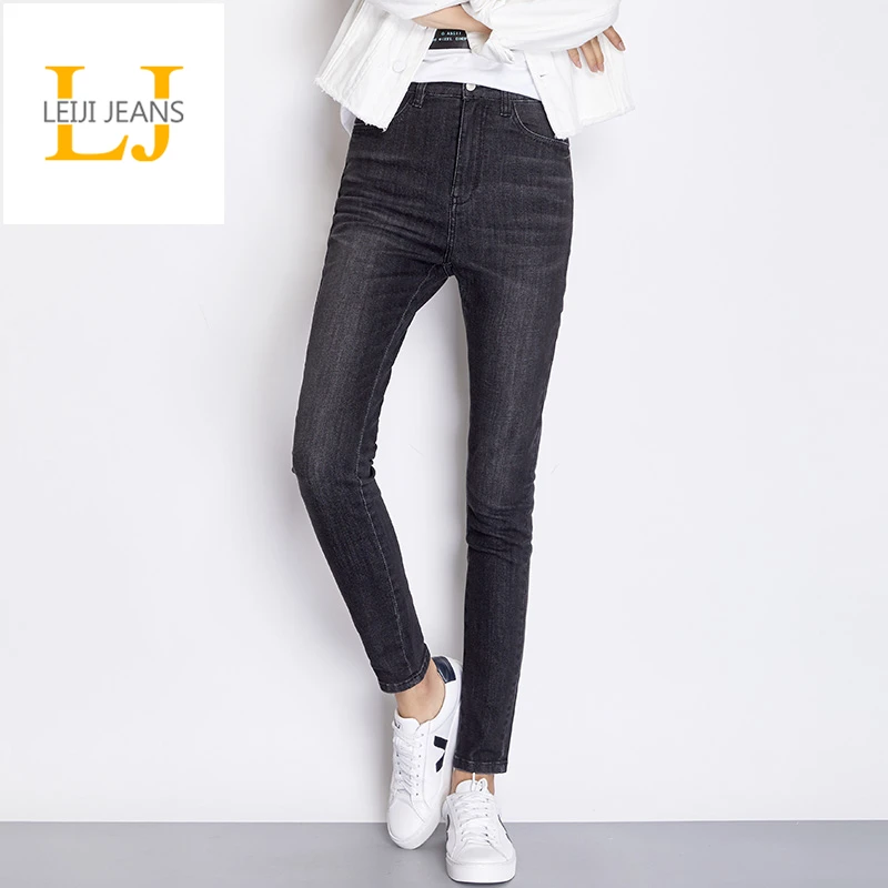 Женские узкие джинсы стрейч LEIJIJEANS черные классические с высокой талией весна