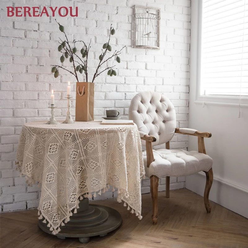 Винтажная скатерть для дома белая черная кружевная вязаная крючком круглая