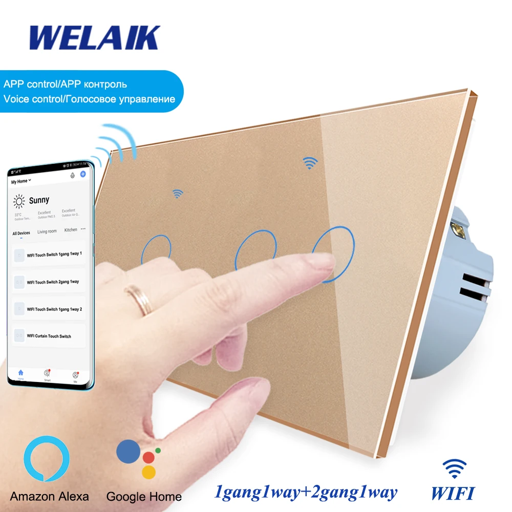 

WELAIK EU Tuya-WIFI Smart-Life 2Frame-Google Crystal-Glass Panel-Light 1gang1way Wall-Touch-Switch 220V
