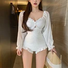 Шифоновый слитный купальник с длинным рукавом, Женский однотонный белый купальник, монокини с открытой спиной и рюшами, купальный костюм с пуш-ап и открытыми плечами
