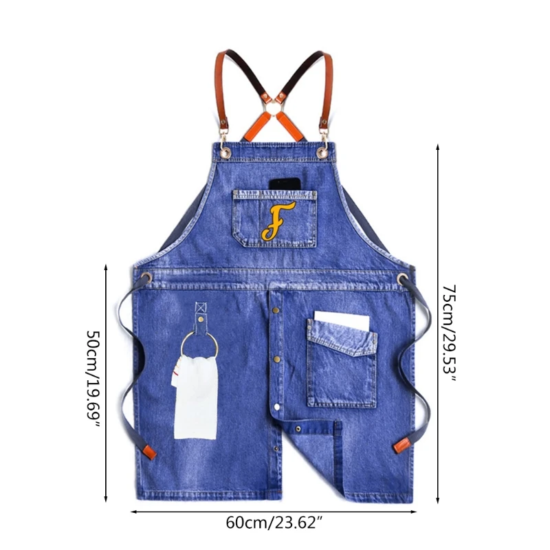 

W0YF Unisex Apron Blue Denim Apron for Men Women Hair Stylist Craftsmen BBQ Resistant Coffee Shop Garden Work Apron with Pockets