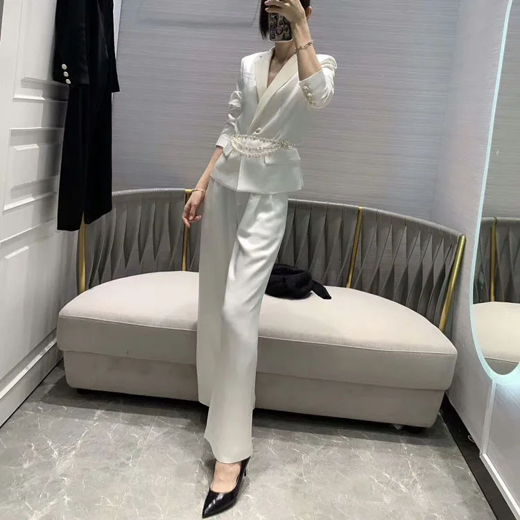 2019FW winner, новинка, Женский блейзер с жемчугом, пальто+ повседневные штаны, женский пиджак, брюки, костюмы, 2 вещи в комплекте, 2 цвета, tclai