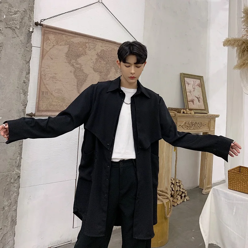 Мужской длинный кардиган белая черная рубашка стильная куртка Мужская Уличная