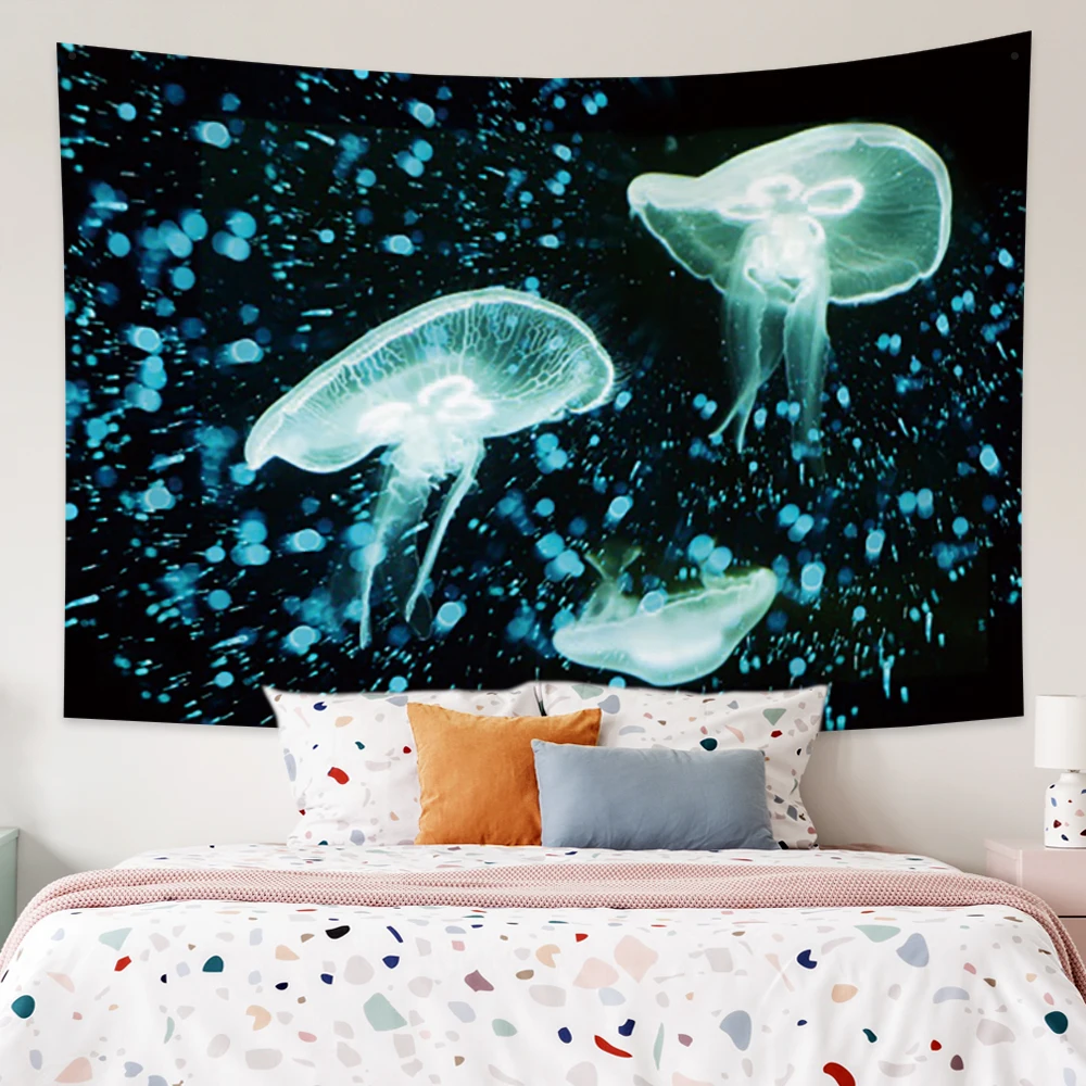 

Laeacco Fashion Tapestry Jellyfish Ocean Glow Wave Point Dreamlike Fluorescence Wall Hangings Room Restaurant Decor Wall Chart