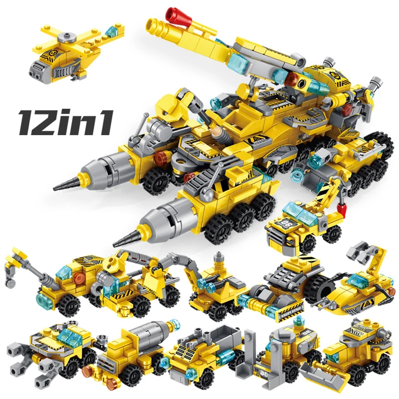 

12 in 1 Multifunctional deformation engineering vehicle toy Building blocks children's education assembling and inserting model