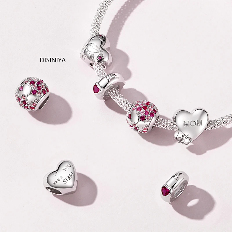 

DISINIYA Mother's Day Baby with Mon Heart Shape Charm 925 Sterling Silver Metal Beads for Women Jewelry Making DIY ZBSC00218