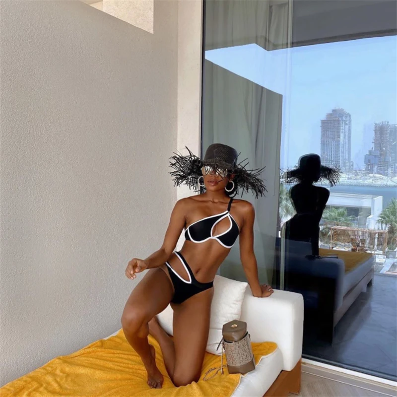 

GNIIM Sexy Hollow Out Swimwear Women 2 Piece Bikini Set 2021 Summer Beachwear Black Backless Beachwear High Cut Swimsuit Biquini