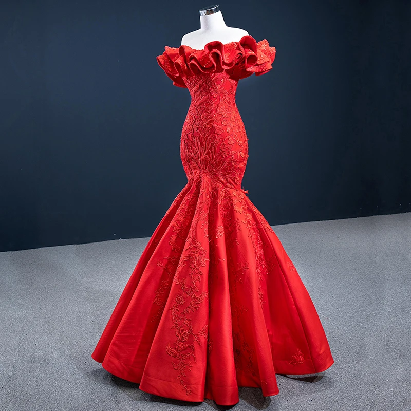 J67173 Jancember Red Boat Neck Mermaid Evening Dresses  Applique Ruffle Off The Shoulder Ball Gown فساتين السهرة вечерние платья