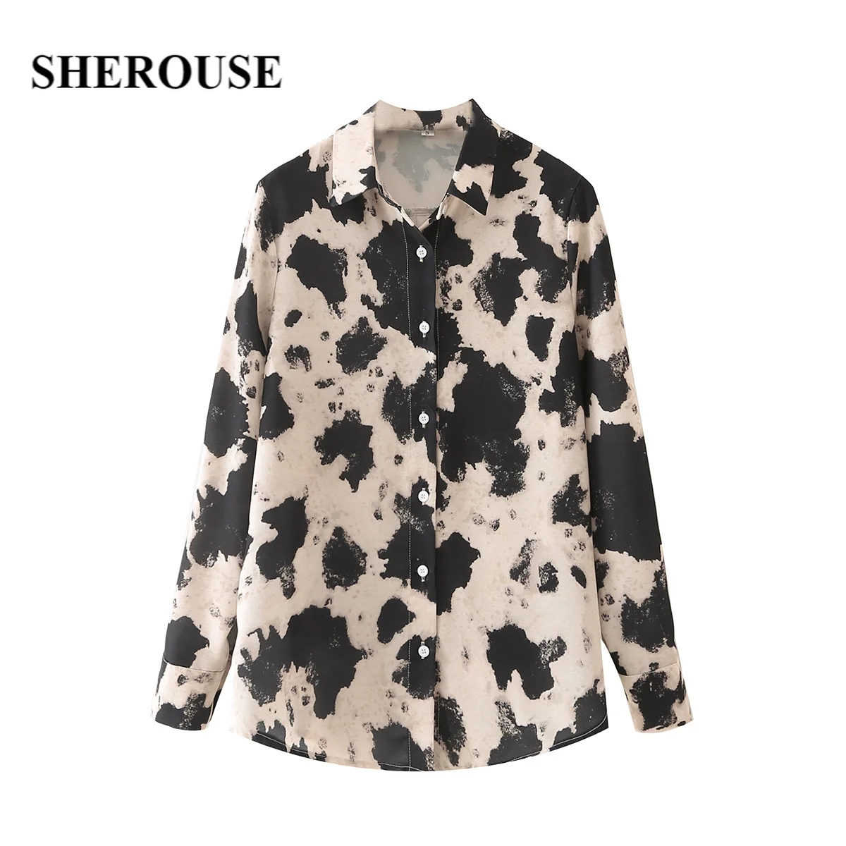 

SHEROUSE Women Fashion Printed Single Breasted Blouse Lapel Neck Long Sleeve Vintage Female Shirts Chic Tops