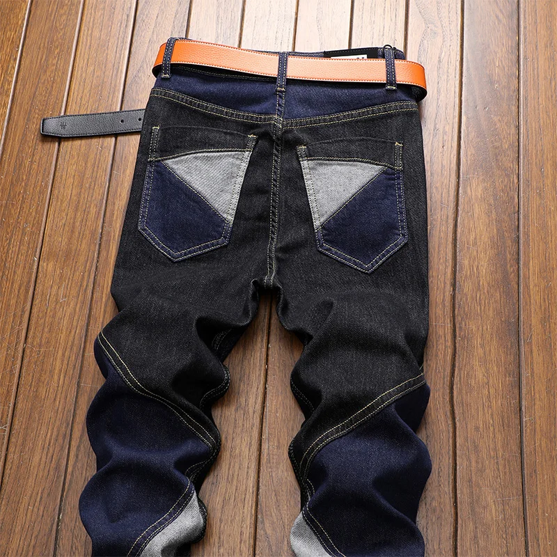 

New Men Hip hop Three-color Patchwork Jeans Trousers Male Slim Streetwear Straight Casual Jogger denim Pants