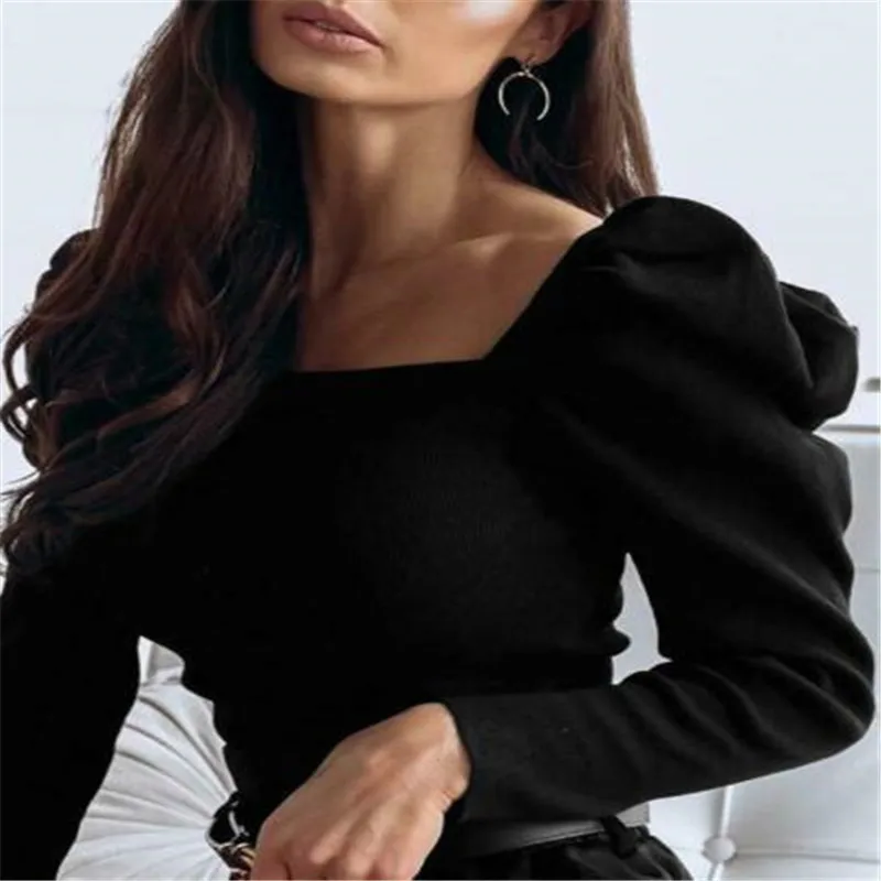 

Женский вязаный свитер, повседневный однотонный вязаный пуловер с длинными рукавами-фонариками, Приталенный джемпер для весны, S-XL