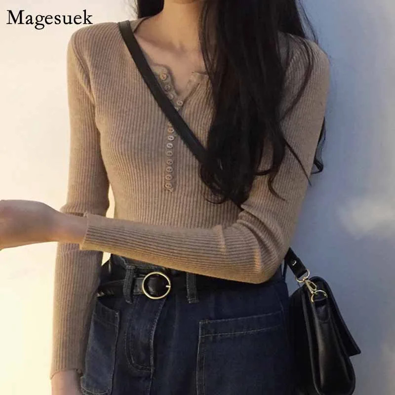 2020 V-neck Long Sleeve Sweater Fall Solid Cotton Women Sweater Slim Elastic...