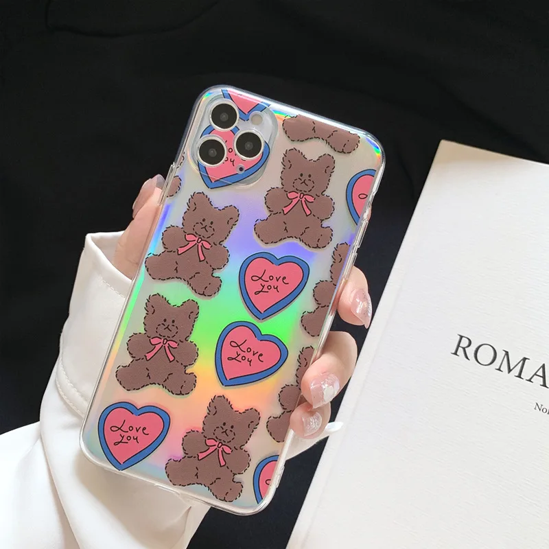 

Cartoon Laser Heart Bear Case For iPhone 12 Pro 12 Mini 11 Pro Max SE 2020 7 8 7Plus 8Plus XR X XS MAX