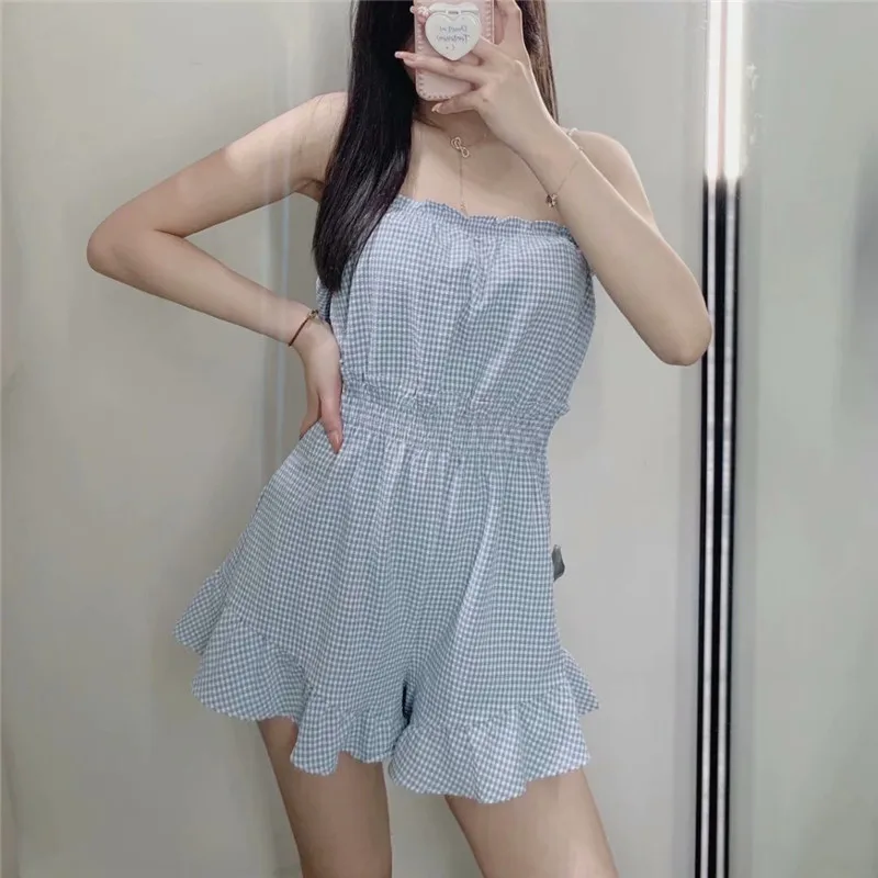 

Za Summer Plaid Blue Short Jumpsuit 2021 Women Sleeveless Elastic Waist Ruffle Playsuit Female Fashion Pleated Straps Jumpsuits