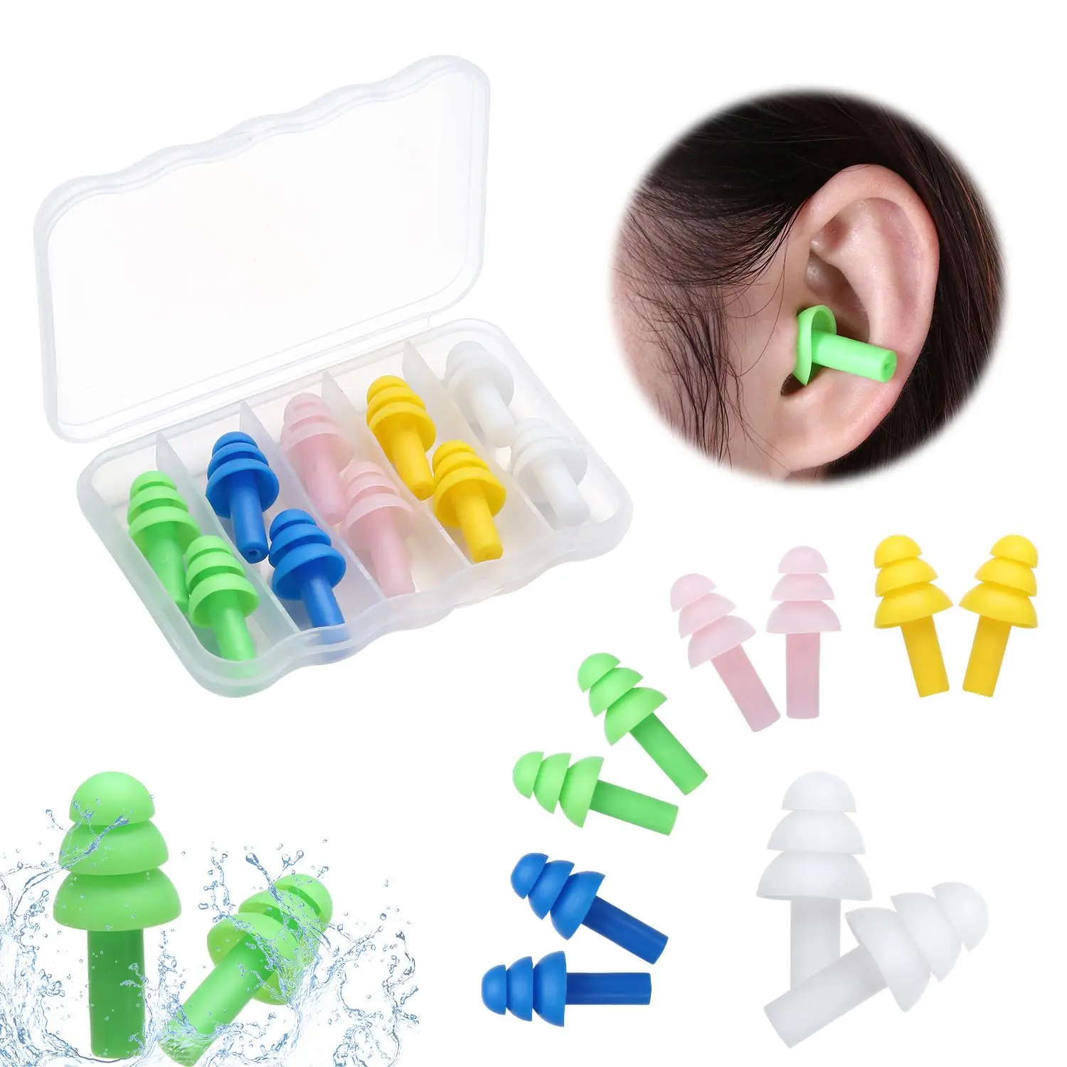 

5Pairs Sleeping Reusable Soft Washable Silicone Earplugs Waterproof Noise Ear Plugs Sleep Ear Plugs