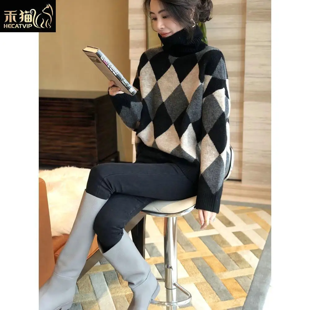 

Imitation Woolen Sweater 2021 Winter New Contrast Color Diamond Sweater Turtleneck Knit Bottoming Shirt