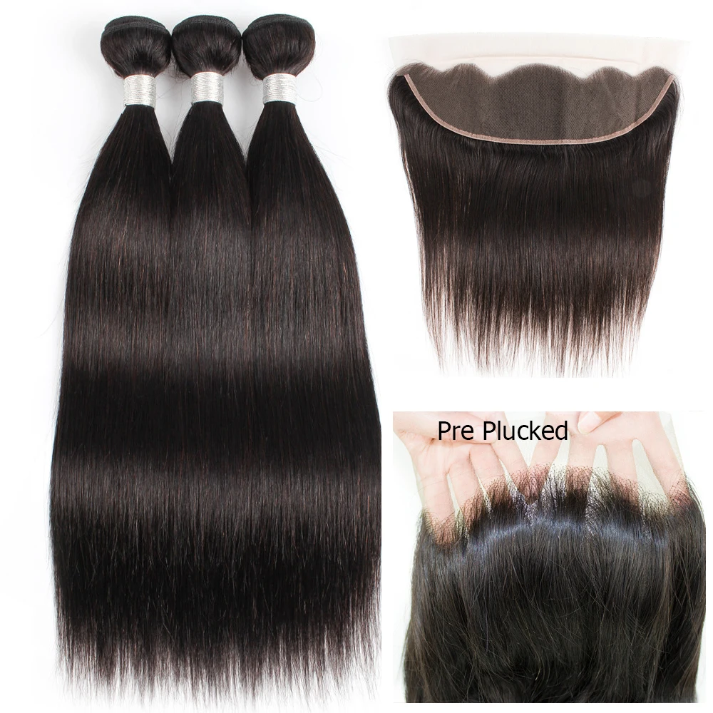 Straight Bundles with 13x4 Lace Frontal Transparent Pre-Plucked Free Part Natural Color Brazilian Remy Human Hair Weave 30 inch