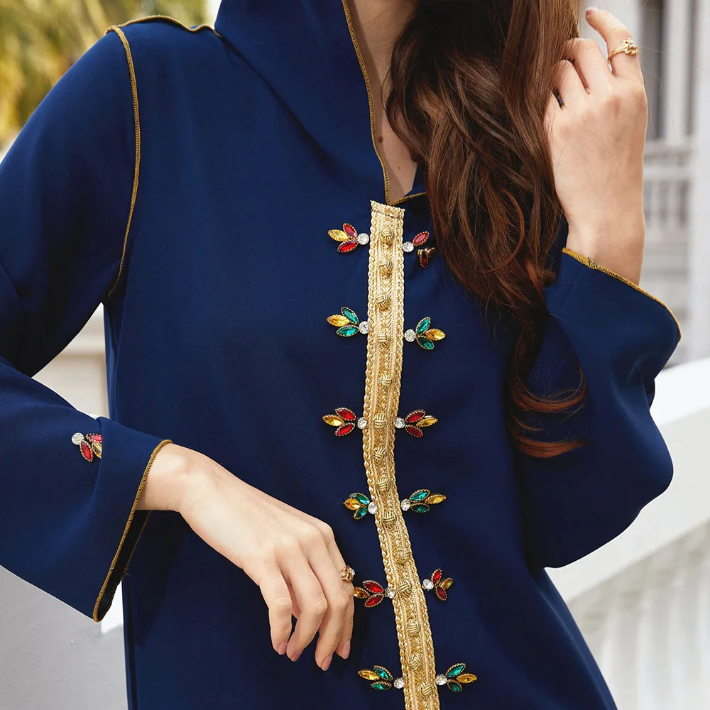 

2021 Summer New Muslim Solid Color Phnom Penh Hand-sewn Drill Hooded Robe Long Sleeve V-neck Women's Dress