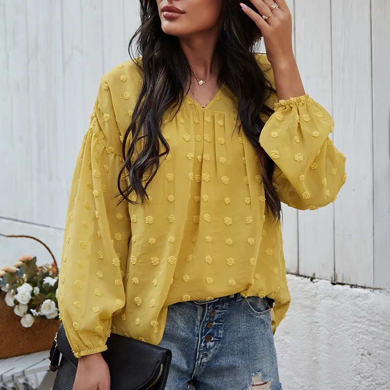 

Ladies V-neck Long-sleeved Chiffon Top Women Spring Shirts Clothes