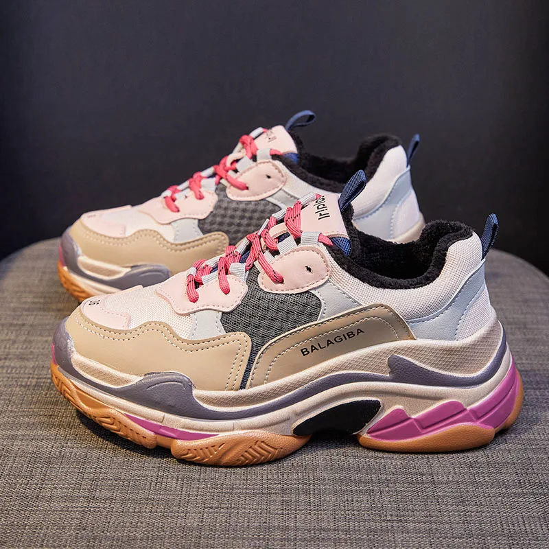 

Winter women's sports shoes leather increased 6cm Plush warm thick sole casual father shoes women's basketball shoes