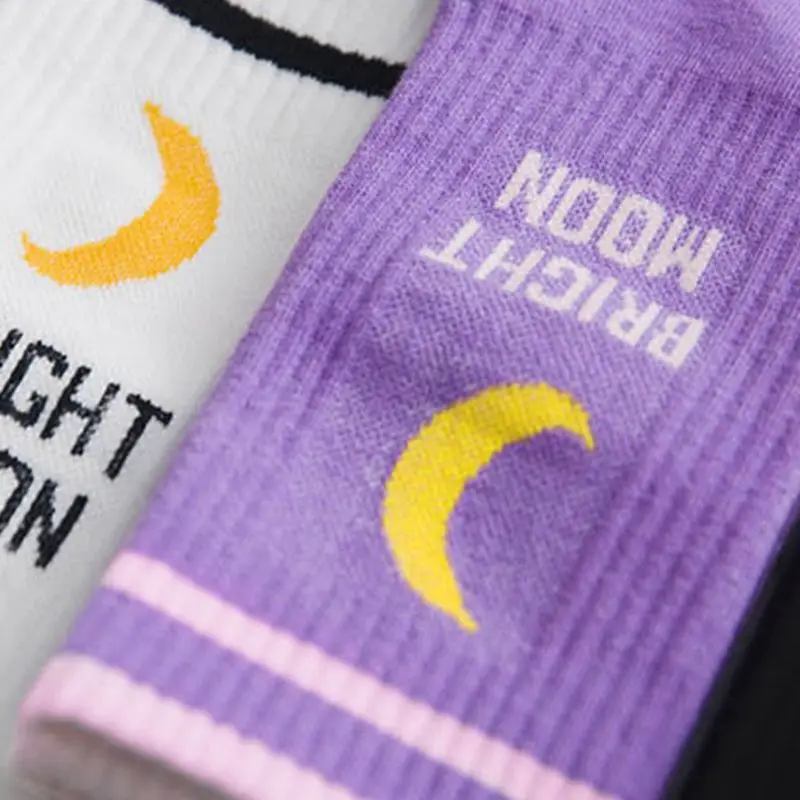 

Men Women Harajuku Hip Hop Autumn Elastic Rib Trim Long Crew Socks New Moon Letters Stripes Printed Couples Cotton Tube Hosiery