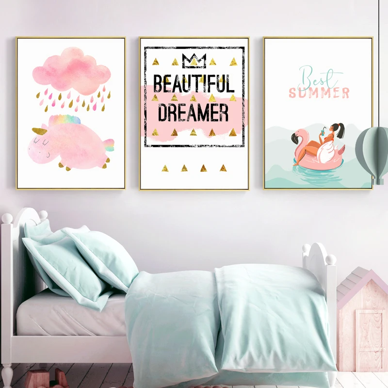 

Nordic Cartoon Pink Canvas Painting Poster And Print Wall Pictures For GIRL Room Decor,