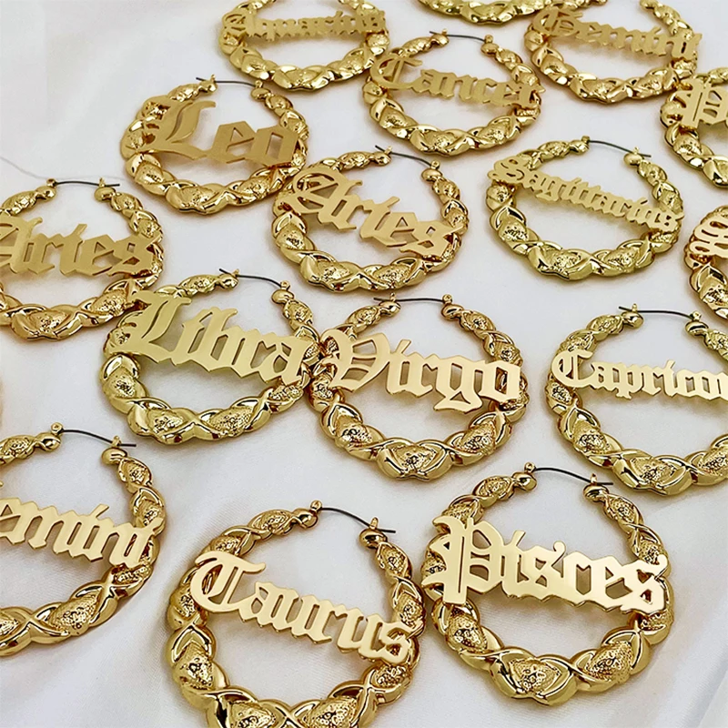 Custom Name 14k Gold Plated Old English Font Personalized Custom 12 Zodiac Name Horoscope xoxo Bamboo Large Size Hoop Earrings