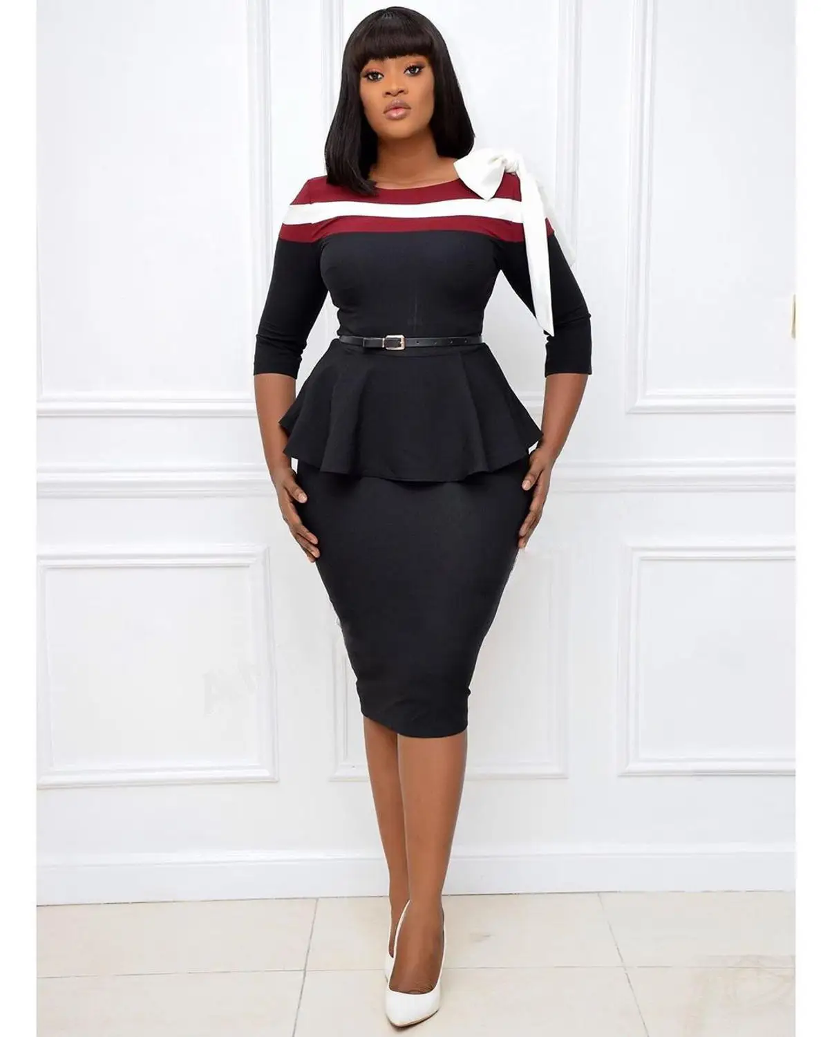 

European and American plus size women's color matching ruffled professional tight-fitting hip skirt two-piece suit