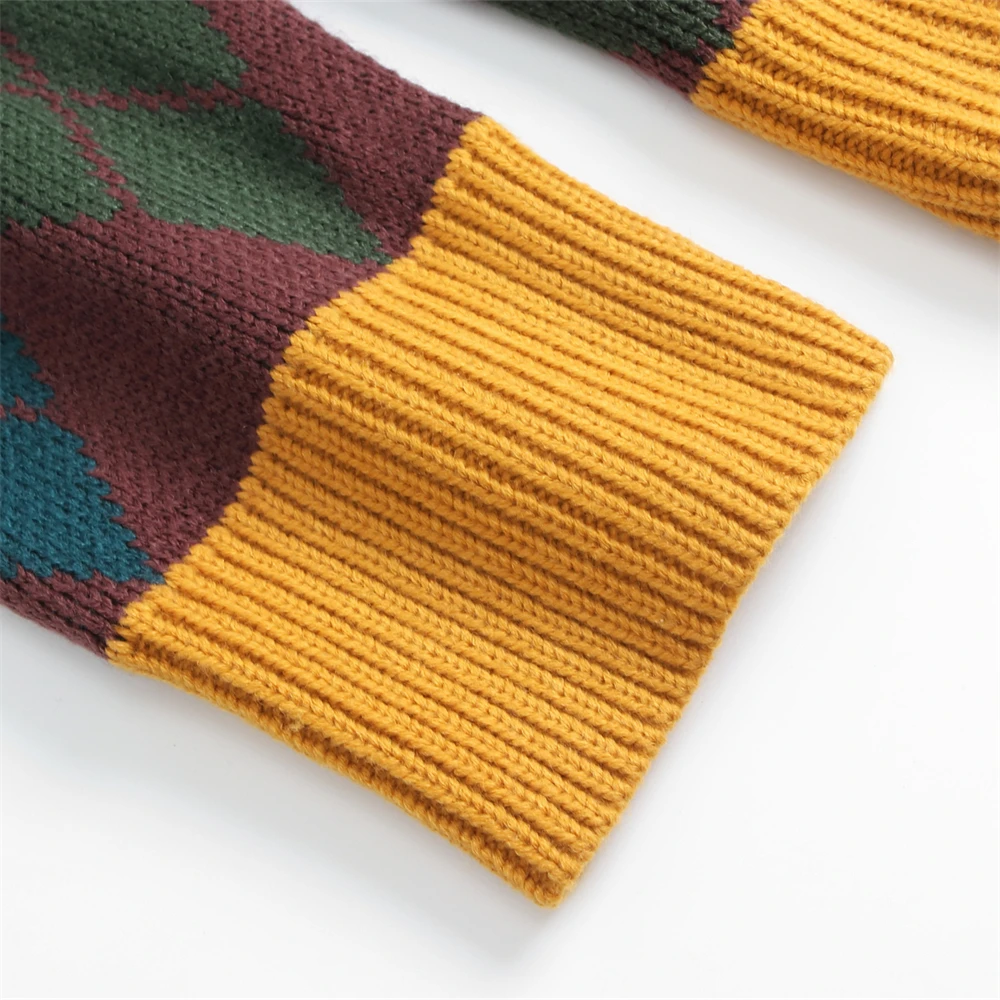 

Harajuku Knitted Women Pullovers Oversized Argyle Sweaters Long Sleeves Tops Cartoon Appliques Streetwear Turtleneck Pullovers