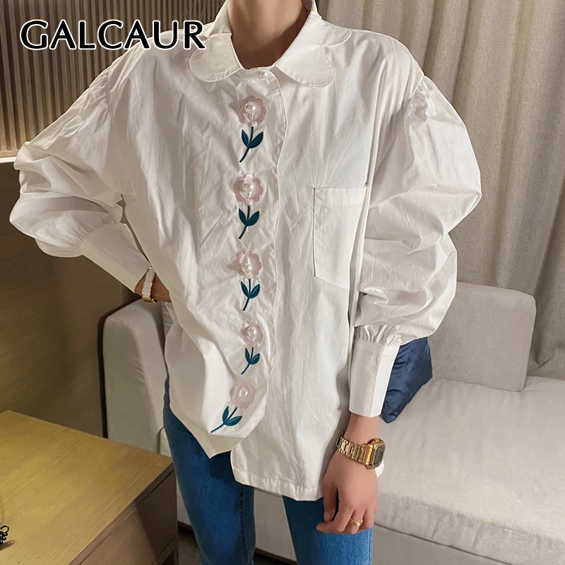 

GALCAUR Straight Embroidery Shirt For Women Lapel Collar Puff Sleeve Button Through Blouse Female Korean Fashion Clothing 2021