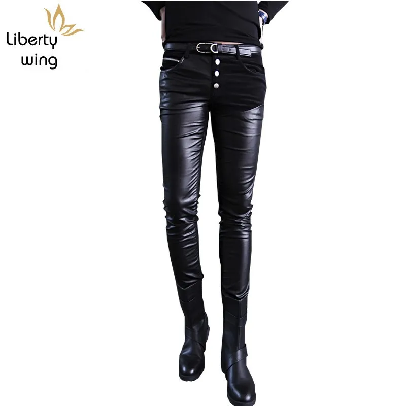 Fashion Patchwork Motorcycle Skinny Men Pu Leather Top Quality Casual Slim Fit Pencil Pants Club Nigh Trousers Black