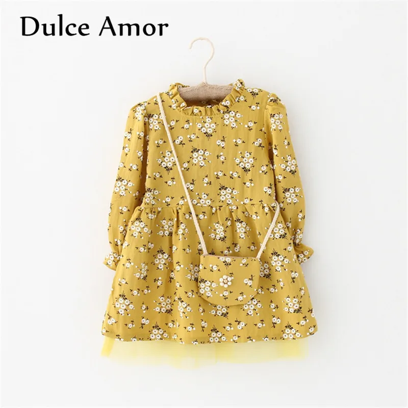 Dulce Amor/платье с цветочным узором для девочек; Одежда для маленьких девочек; коллекция года; сезон весна; элегантное платье принцессы с длинными рукавами и принтом цветов сливы с сумкой - Цвет: Цвет: желтый