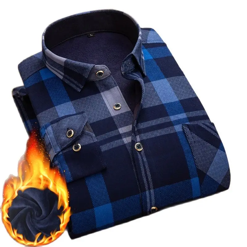 2021 Winter High Quality Plaid Shirt Men Warm Shirt Plus Velvet Thickening Cotton Male Long Sleeve Shirt Man Clothes M-4XL