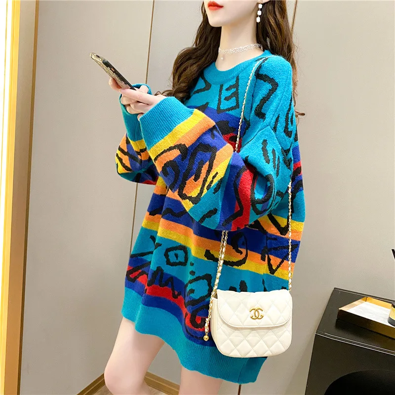 

Round neck pullover sweater women 2020 autumn winter new fashion loose outer wear style graffiti color knitted sweater top