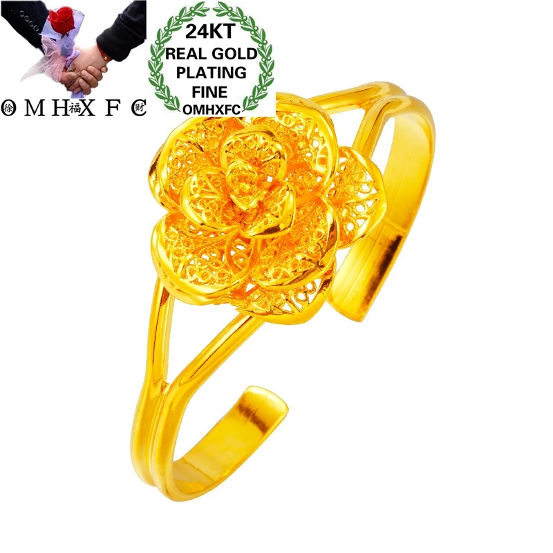 

OMHXFC Wholesale BE441 European Fashion Fine Hot Woman Girl Party Birthday Wedding Gift Vintage Flower 24KT Gold Bracelet Bangle