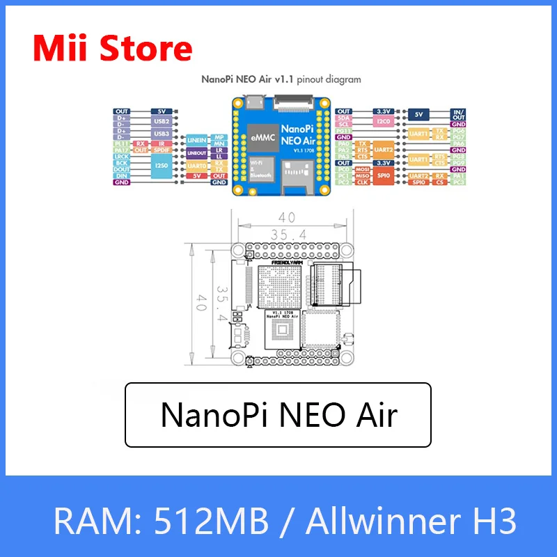 Макетная плата NanoPi NEO Air IoT 512 МБ ОЗУ Wi Fi и Bluetooth 8 ГБ/32 ГБ eMMC Allwinner H3 четырёхъядерный