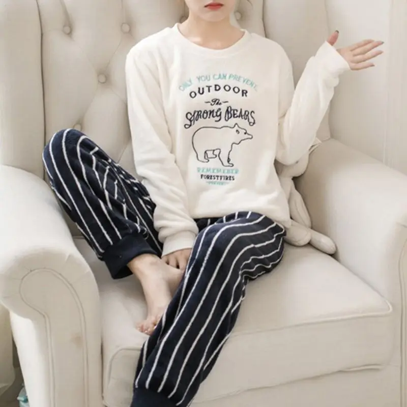 

Women Winter Warm Flannel Pajamas Set Lovely Cartoon Sleepwear Home Clothing New X3UE