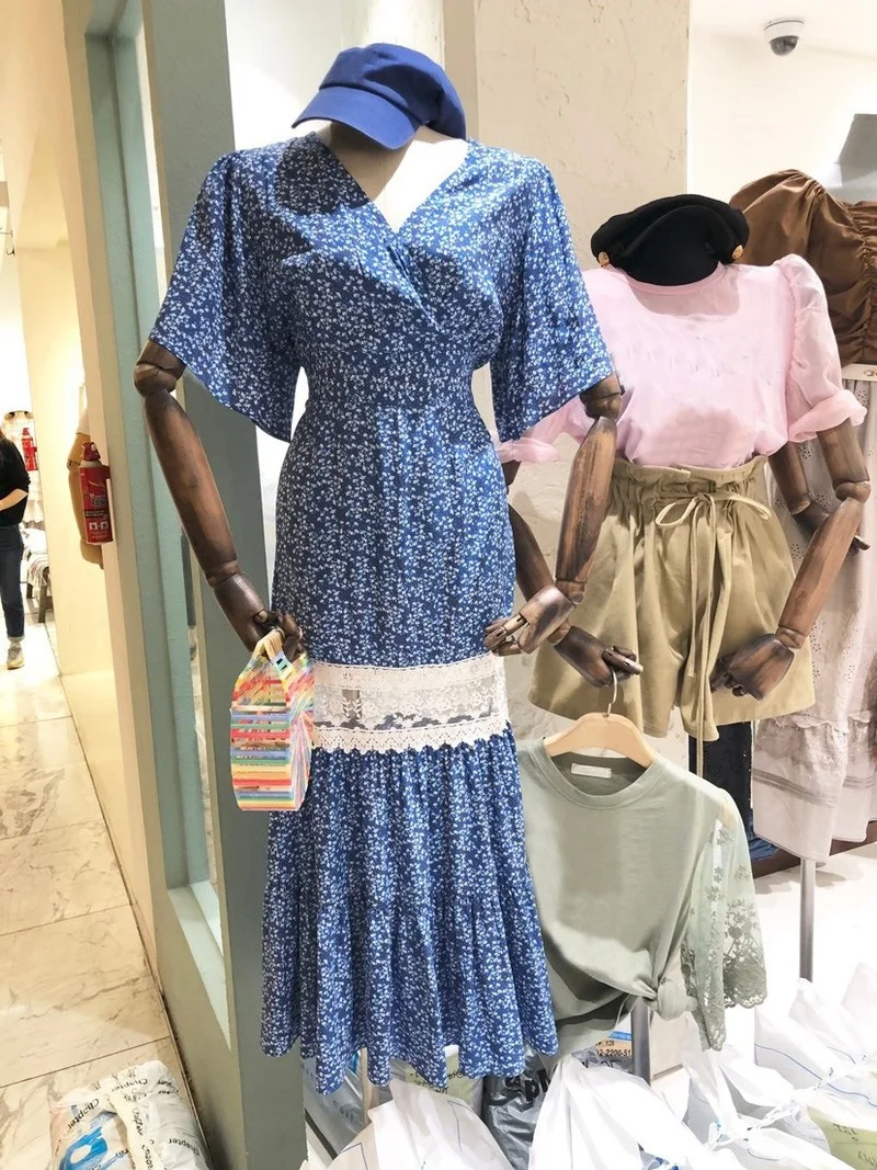 

Vintage Lace Patchwork Print Long Dresses for Women Elegant V-Neck Vestidos Mujer 2021 New Summer Short Sleeve Femme Robe